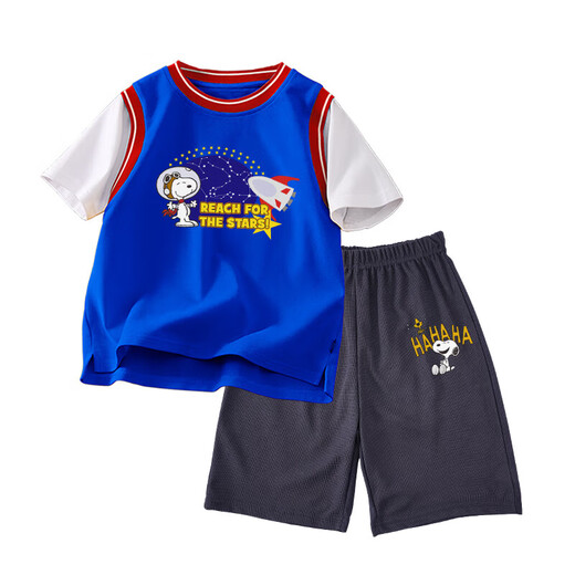 
Snoopy children's clothing boys and girls short sleeves set children's short T-shirts and shorts 2-piece set Basket T Rocket + Dark Gray K laugh 130