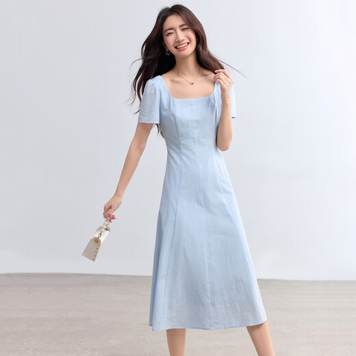 
Shangdubila 100% cotton A-line dress for women in summer, slim waist-hugging suspender skirt square collar casual midi skirt