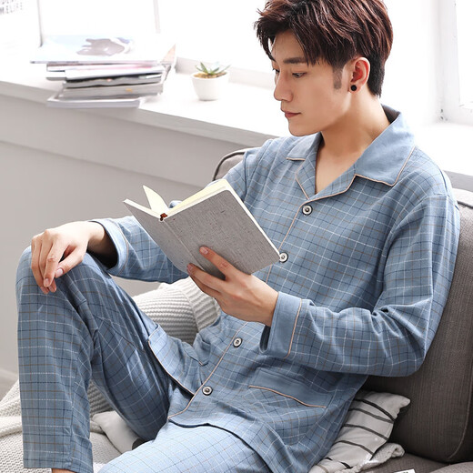雅鹿睡衣男士春秋长袖可外穿棉大码薄款秋季家居服套装 829- M 165