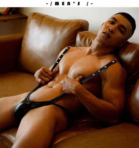 T-string men's black imitation patent leather PU sexy one-piece suspender T-pants men's sexy underwear passion g063 one size fits S-XXL