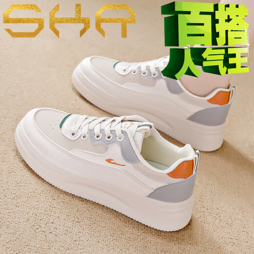 沙克兰百搭小白鞋女鞋2025春秋爆款防滑厚底休闲鞋夏季透气网面单鞋旅游 米色【皮面】 Q1656 37