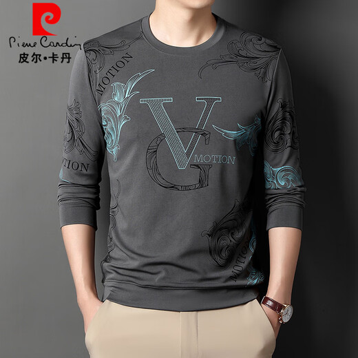 皮尔卡丹（pierre cardin）时尚潮流印花t恤男春秋新品男士圆领长袖冰丝VG图案中青年打底衫 6621黑色 L 建议120-140斤