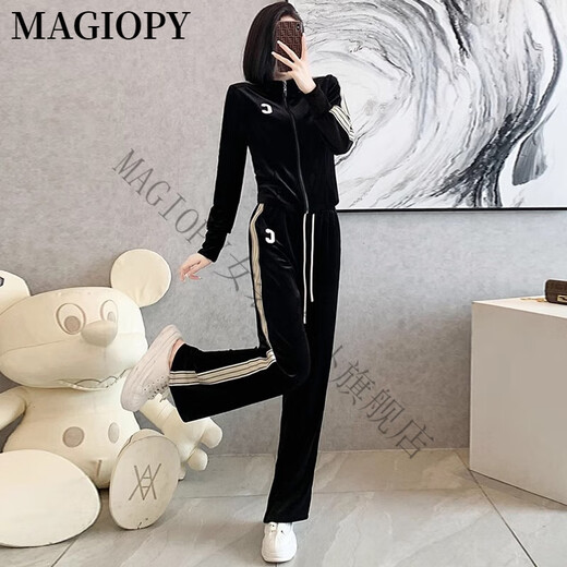 Magiopy International Luxury High-End-Marke European Station Set Women's 2025 Spring Slim Black Gold Velvet Jacket Black Two-Tiefe Set S (100jin [Jin Equals gar 0,5 kg])