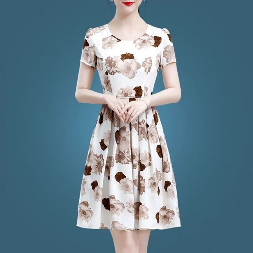 Woodpecker ice silk dress 2025 new high-end women's clothing temperament age-reducing short-sleeved middle-aged mother summer skirt women's summer ice silk 9905 skirt M 100Jin Jin is equal to 0.5 kg within
