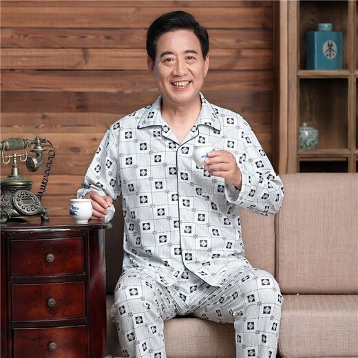 炙夏睡衣男春秋季中老年纯棉长袖男士加大码中年爸爸套装家居服薄夏季 酒红色 844#红色长-袖长裤 M XXL码(建议身高165-172c)