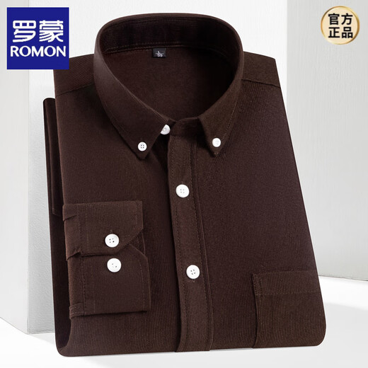 罗蒙（ROMON）2025春秋款男士长袖灯芯绒衬衫男纯色条绒宽松中老年休闲衬衣男 藏青灯芯绒 加绒 口袋无扣 38 【80-105斤】