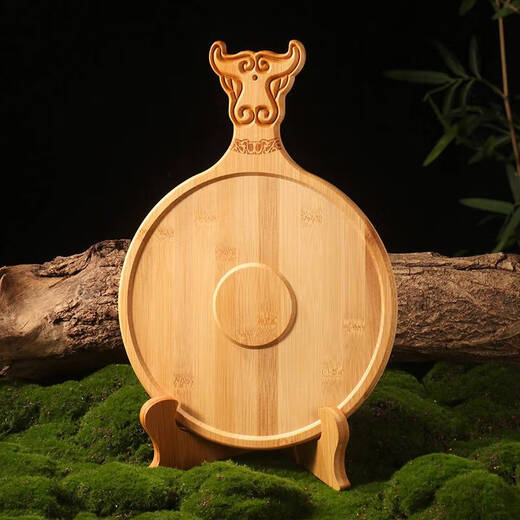 He Jiagong Commercial Hot Pot Restaurant Beef Plate Fresh-cut Diaolong Beef and Mutton Vertical Plate Standing Plate Hot Pot Plate Bamboo Wooden Tableware 26cm Beef Head Plate + Stand Set