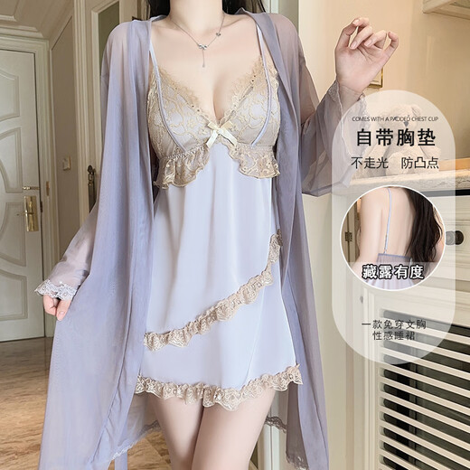 瑰若（Gui Ruo）瑰若纯欲顺滑缎面内衣深V聚拢加胸垫蕾丝睡裙外袍 P3886绿色（外袍+腰带 均码
