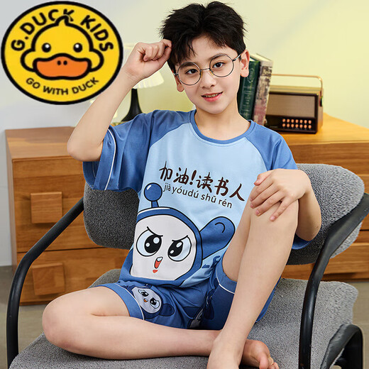 G.DUCKKIDS children's pure cotton boy pajamas summer short-sleeved egg cartoon handsome little boy suit thin home clothes big boy 6636# 170 size 18 height (145-155cm)