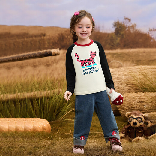 ASK JUNIOR 7A antibacterial children's long-sleeved T-shirt 2026 spring children's raglan sleeve cotton bottoming shirt for girls black and white 120