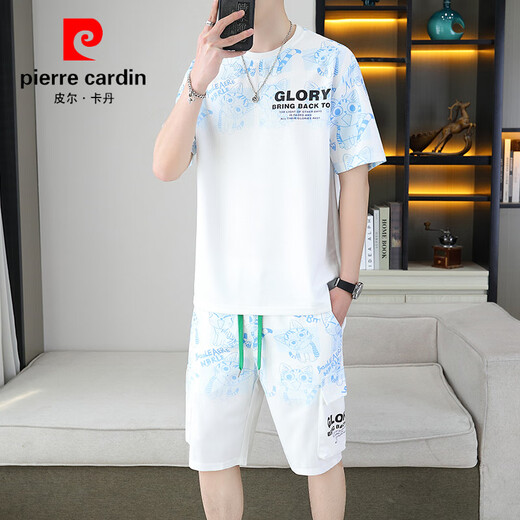 皮尔卡丹（pierre cardin）2025夏季新款短袖套装男青少年百搭短裤休闲运动两件套渐变色男装 6187蓝色 M