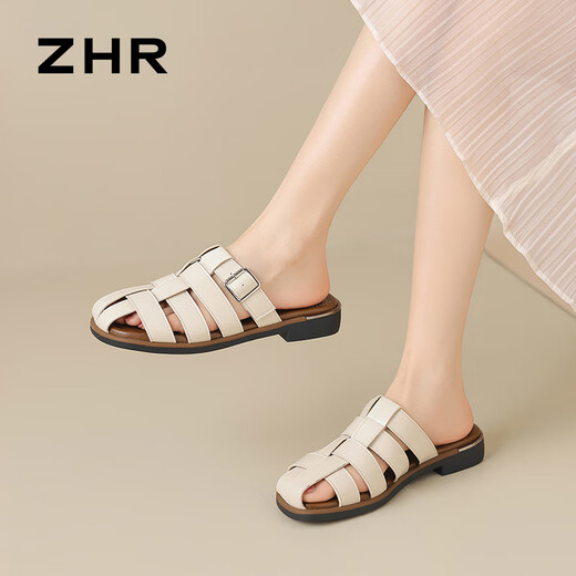 ZHR包头拖鞋女罗马编织风软平底半拖鞋透气轻便一脚蹬 CE55 米色37