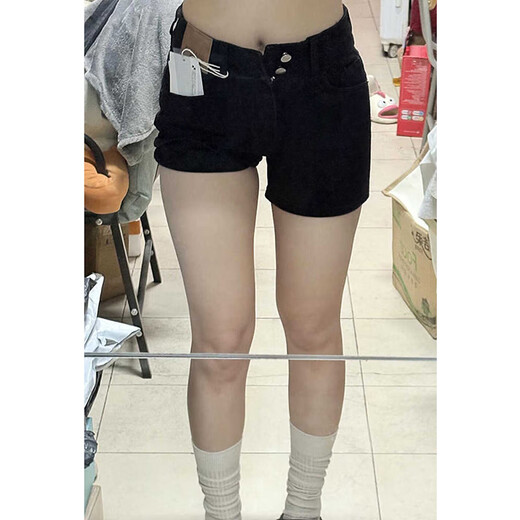 Qumile black denim hot girl shorts women's summer high waist fat mm large size slim little sports ultra short a-line hot pants black XL recommended 115-130 Jin Jin equals 0.5 kg