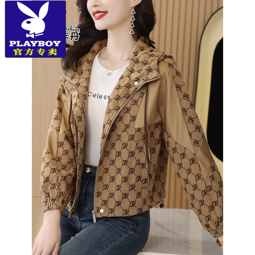 花花公子（PLAYBOY）休闲连帽印花短外套女春秋2025年新款时尚洋气百搭宽松夹克上衣潮 L