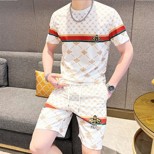 花花公子（PLAYBOY）轻奢潮牌男装夏装2025新款衣服男士冰丝t恤短袖短裤搭配一整套装 829白色套装 L 适合105-120斤