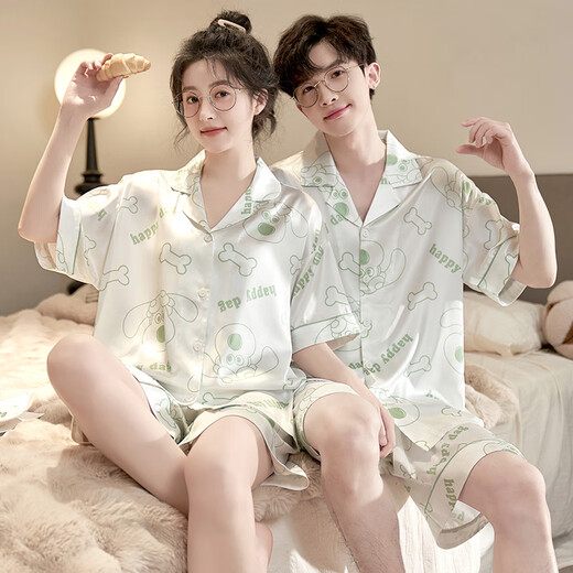 Modal couple pajamas ice silk summer thin style men and women large size loose cute cartoons can be worn outside summer home clothing suit 13076-13077 M female M male L