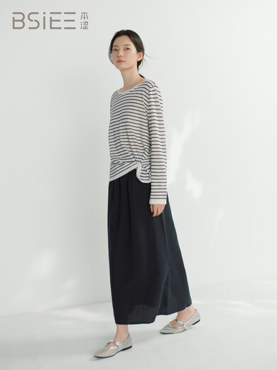 
BSIEE 2025 summer new round neck design with irregular long sleeve thin sweater pullover knit sweater Navy blue L