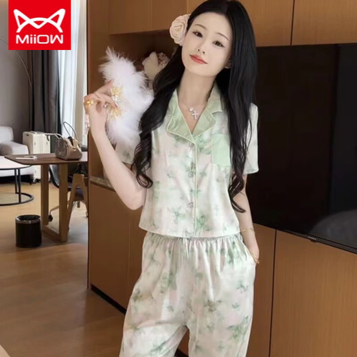 猫人 MIIOW超仙小香风睡衣女夏季短袖长裤冰丝薄款感可外穿春秋季家居服 694 蝴蝶水墨画 短袖长裤 M ( 建议 80-98斤)
