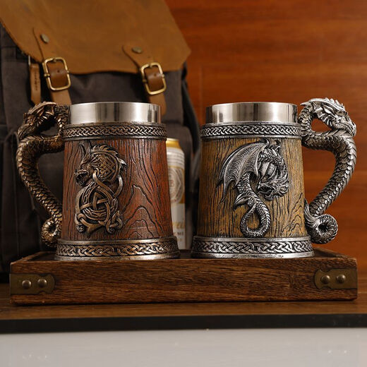 Sailoto Medieval Retro Western Dragon Totem Wooden Barrel Beer Cup Western Pterodactyl Mark Coffee Cup 600ml Faucet Wooden Barrel Beer Cup Silver 201 Steel Free