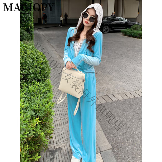 Magiopy International Luxury High-De-High Grain Velvet Traje de deportes informales de terciopelo para la chaqueta corta de empalme de primavera femenina Set de dos piezas azul S (100 Jin [Jin iguala 0.5 kg])