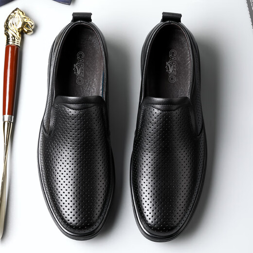 CARTELO British business casual leather shoes soft sole soft surface breathable loafers one-foot leather shoes men's 9921 black hollow 44