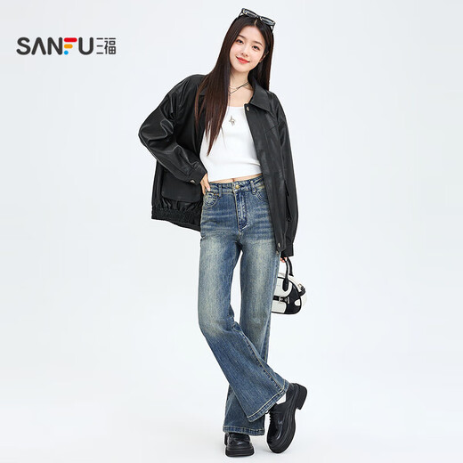 三福（SANFU）春季外套女2025新款立体口袋PU皮衣宽松百搭时尚夹克上衣女装 棕色- 薄款 S