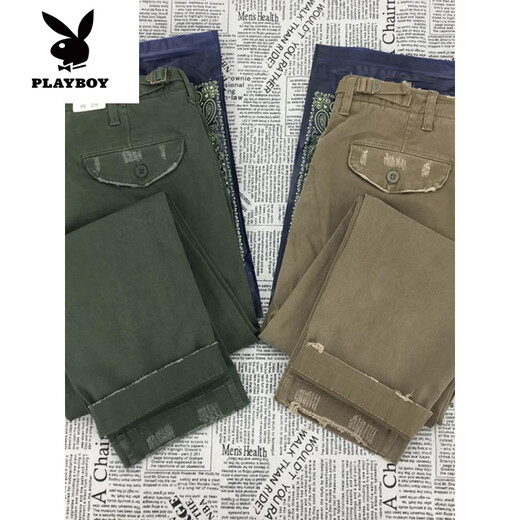 花花公子（PLAYBOY）高端重磅纯棉直筒工装休闲裤男宽松春秋厚美式复古伐木破坏碳素潮 卡其 春季薄.款5009 29 100-120斤左右
