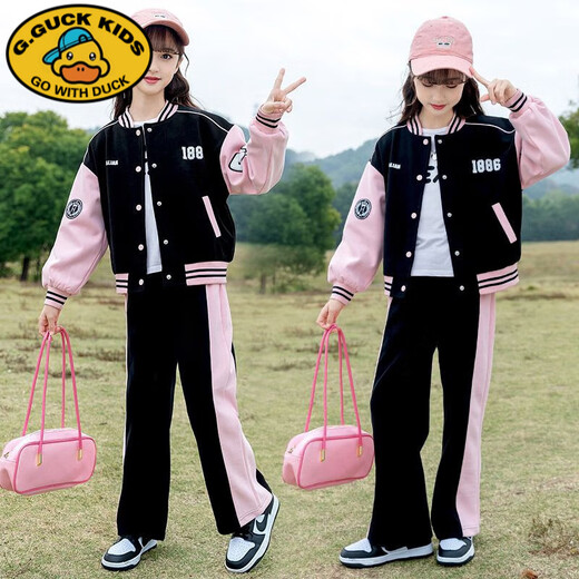 G.DUCKKIDS女童春装棒球服套装2024新款学院风中大儿童洋气春秋运动装两件套 BQ1396黑色两件套 160 尺码建议身高150左右