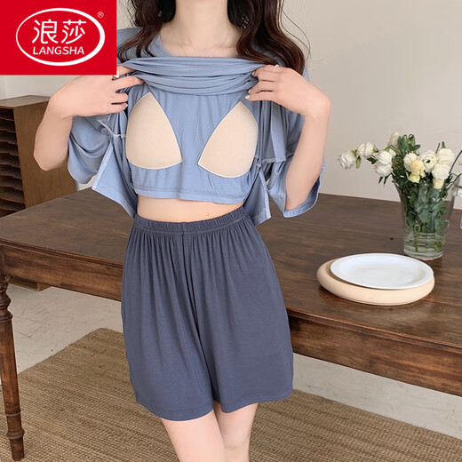 浪莎（LangSha）自带胸垫睡衣女夏季莫代尔纯色短袖短裤甜美夏天防凸点家居服套装 YNE-653 M