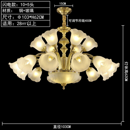 奥灯美式乡村全铜吊灯田园客厅灯温馨花朵卧室餐厅欧式吊灯具9227 闪电款10+5头铜灯