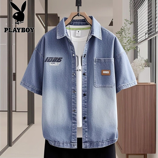 Playboy (Playboy) Summer American Retro Denim Shirt Men Men de travail à manches courtes à manches à manches