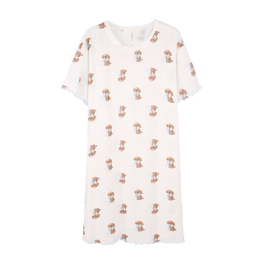 
Anzhibao [Great Soft] nightgown for women in summer short-sleeved pure cotton pajamas for mid-length style for casual home clothes Moon white puppy pattern XL