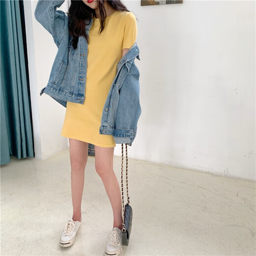 AFTER MONDAY2025 summer Korean style slim solid color short-sleeved T-shirt women's mid-length dress women's clothing 6624* purple M