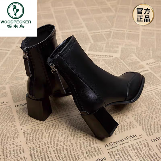 Woodpecker French ankle boots feel small short boots for women 2025 spring and autumn new style small square toe thick heel Martin boots high heel brown single lining upgraded version 40
