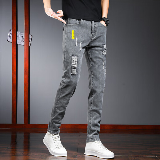 Zengzhi denim (zengzhi) Korean style ripped jeans trendy retro pants men's elastic slim-fitting men's pants 2025 summer casual trousers 6636 black + 3015 snowflake color 2 pieces 27 waist 2 feet
