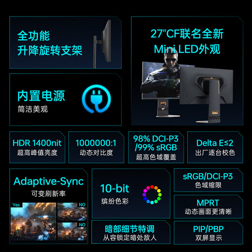 雷神27英寸4K双模MiniLED CF联名 160Hz变频320Hz 1152分区 1400nit 升降旋转游戏电竞显示器CU27F160M