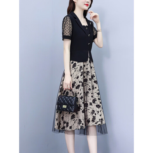 
Hengyuanxiang middle-aged mother summer dress Lady's summer 2025 new fashionable and stylish temperament fake two-piece dress black - 7371 L (110Jin [Jin equals 0.5 kg] or less)