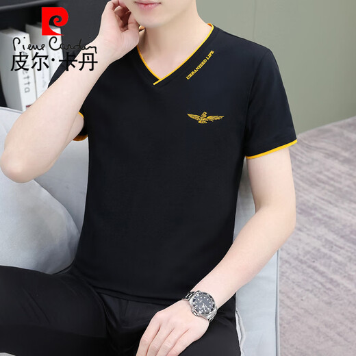 皮尔卡丹（pierre cardin）夏季男士短袖t恤纯棉v字领潮流修身半截袖青年休闲上衣服薄款汗衫 黑色 QY693 M
