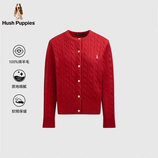 Hush Puppies Delicate and Warm Women's 2025 Autumn and Winter New Versatile Basic Wool Cable Cardigan Sweater Retro Red M