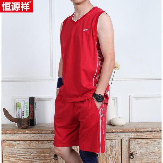 恒源祥无袖背心T恤男运动套装纯棉薄款宽松大码跑步速干球衣蓝球服印字 速干红色757 L