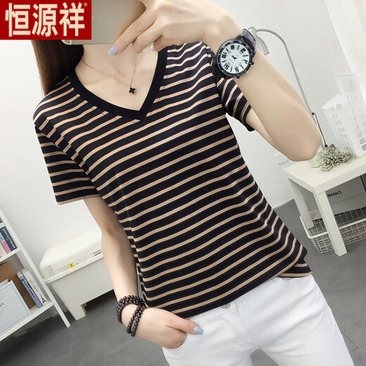 Hengyuanxiang Fat MM Vêtements pour femmes de grande taille Summer 2025 T-shirt à manches courtes en coton en V Lower Coton en V Couvrant le ventre à la mode Blue 838 L Recommandé 105-120Jin [Jin est égal à 0,5 kg]