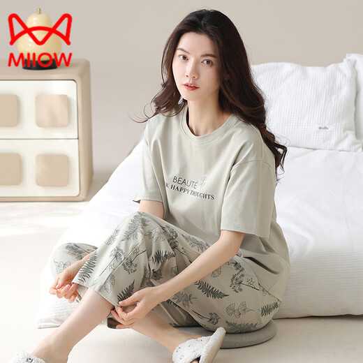 猫人（MiiOW）睡衣女夏季纯棉短袖长裤薄款全棉夏天女士家居服套装春秋季 YZT9719 短.袖长.裤 2XL 140-160斤