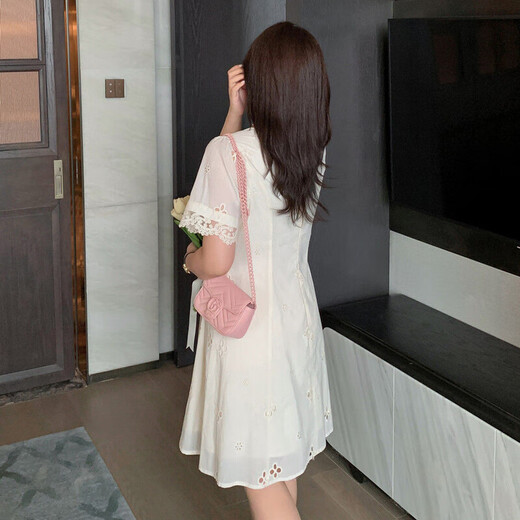 Slightly fat mm solid color temperament lace edge square collar dress for women 200 Jin [Jin equals 0.5 kg] plus size small belly-covering skirt 1391 picture color XL 120-140 Jin [Jin equals 0.5 kg]