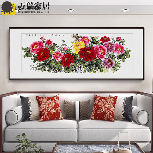 MPPMCK hand-painted authentic Chinese paintings, flowers blooming, rich peony flowers, new Chinese style living room and dining room decoration paintings, sofa background wall hanging paintings, hand-painted peony style D flower blooming, rich frame size: 13062CM pine wood frame right angle