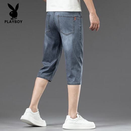 花花公子（PLAYBOY）高端天丝凉感七分牛仔裤男士夏季薄款宽松直筒冰丝短裤潮流休闲 759砂洗蓝+759砂洗蓝 28 腰围二尺一