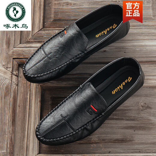 
Woodpecker 2025 spring and summer new beans shoes leather shoes Korean version driving shoes lazy shoes social trend casual men's shoes black 9880 39