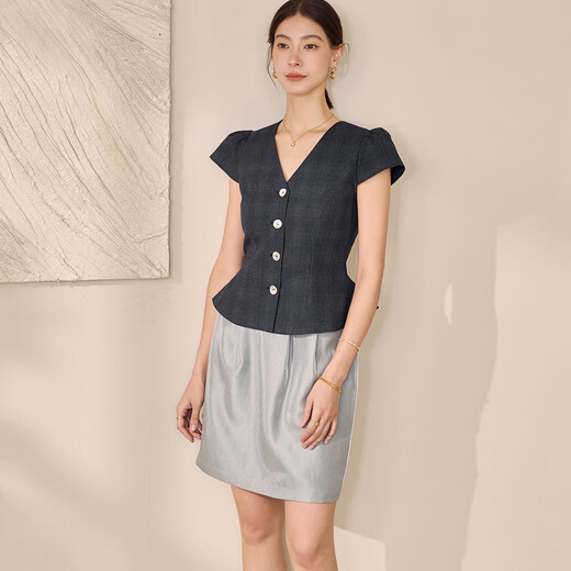 Roeyshouse Roe Intellektueller V-Ausschnitt Taille Plaid-Hemd für Frauen 2025 Sommer neuer Stil French Puff Ärmel 12117 Plaid M.