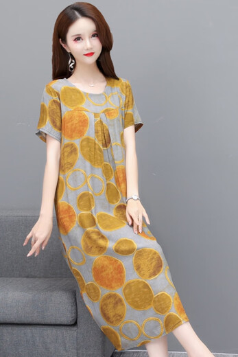 三栖虎2025夏季新款短袖中年妈妈连衣裙女大码女装碎花洋气大摆长裙 9923款1号 XL  （建议90斤-120斤）