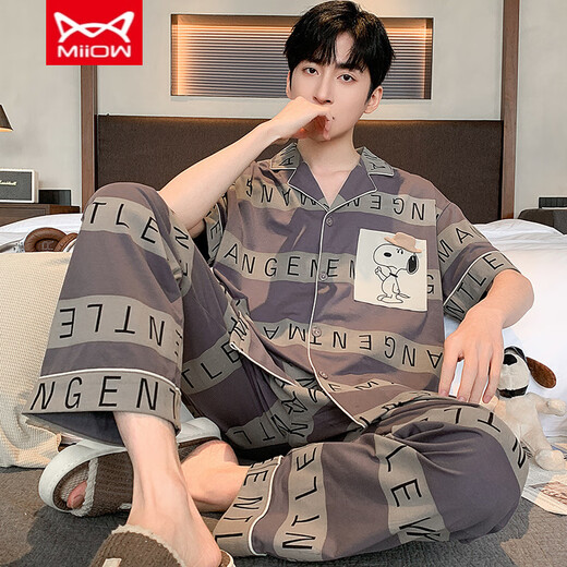 Catman MIIOW men's pajamas summer pure cotton short-sleeved trousers spring and summer thin simple large-size cardigan home clothing set:An693 L men