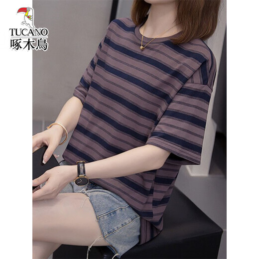 Woodpecker Fat MM Couvercle de ventre Pure Coton Pur Coton T-shirt à manches courtes pour les femmes 2025 Été Nouveau style 200Jin [Jin est égal à 0,5 kg] Top décontracté slim lâche 6625 Purple M 80-95Jin [Jin est égal à 0,5 kg]